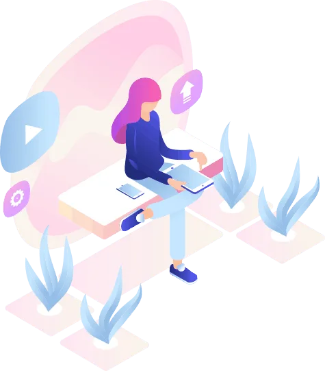 Isometric illustration of a person working at a desk with a laptop and tablet
