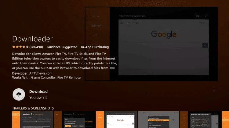 Fire TV store page for the Downloader side-loading tool