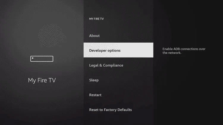 Fire TV settings showing the Developer options entry under My Fire TV