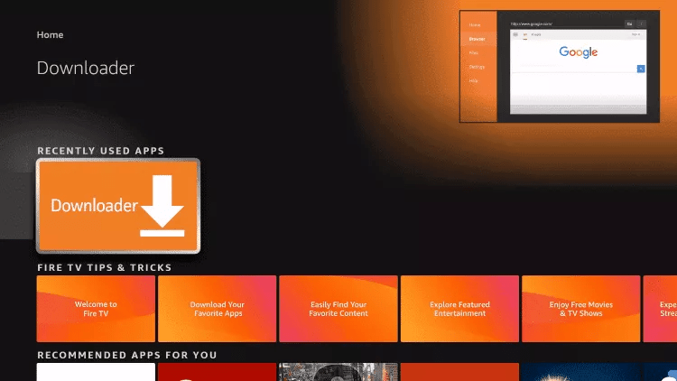 Fire TV home screen with the Downloader application in the recently used apps row