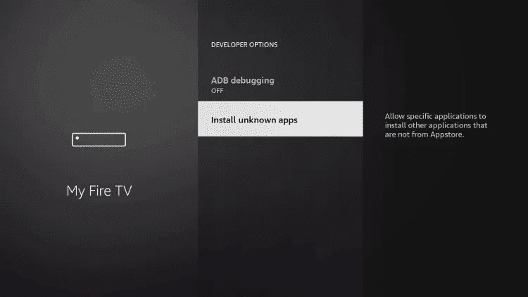 Fire TV developer options screen with the Install unknown apps row highlighted