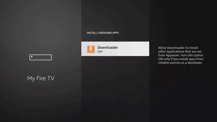 Fire TV install unknown apps list with the Downloader permission switched off
