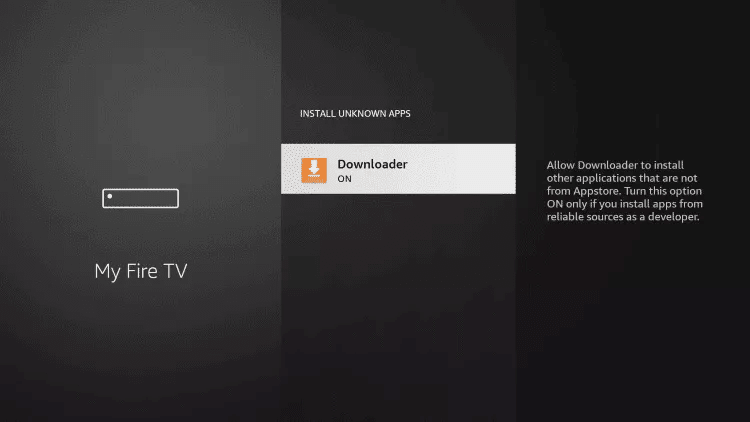 Fire TV install unknown apps list with the Downloader permission switched on