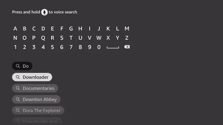 Fire TV on-screen keyboard showing search suggestions after typing the letter D
